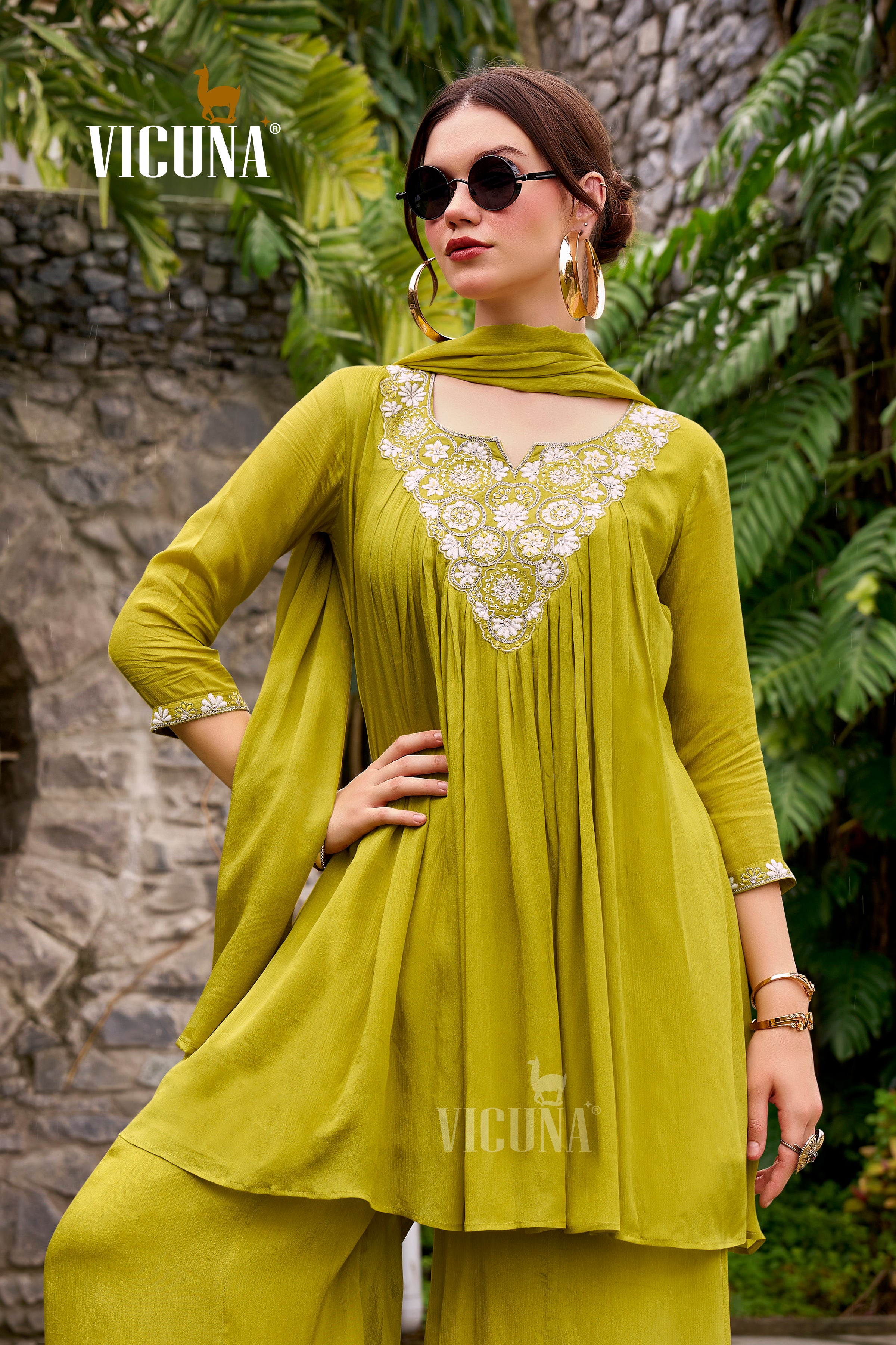 Chinon Embroidered Short Kurta Set in Lemon & Coffee