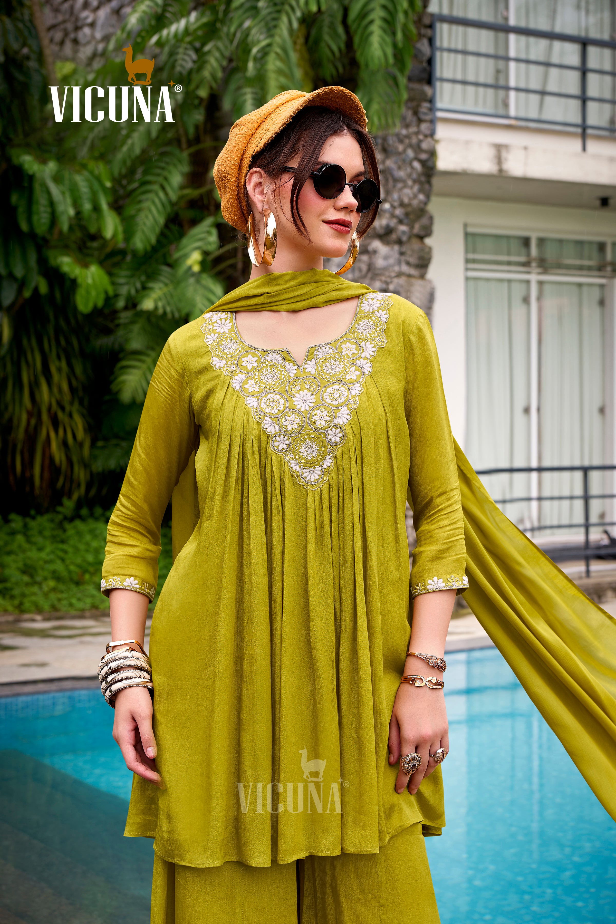 Chinon Embroidered Short Kurta Set in Lemon & Coffee