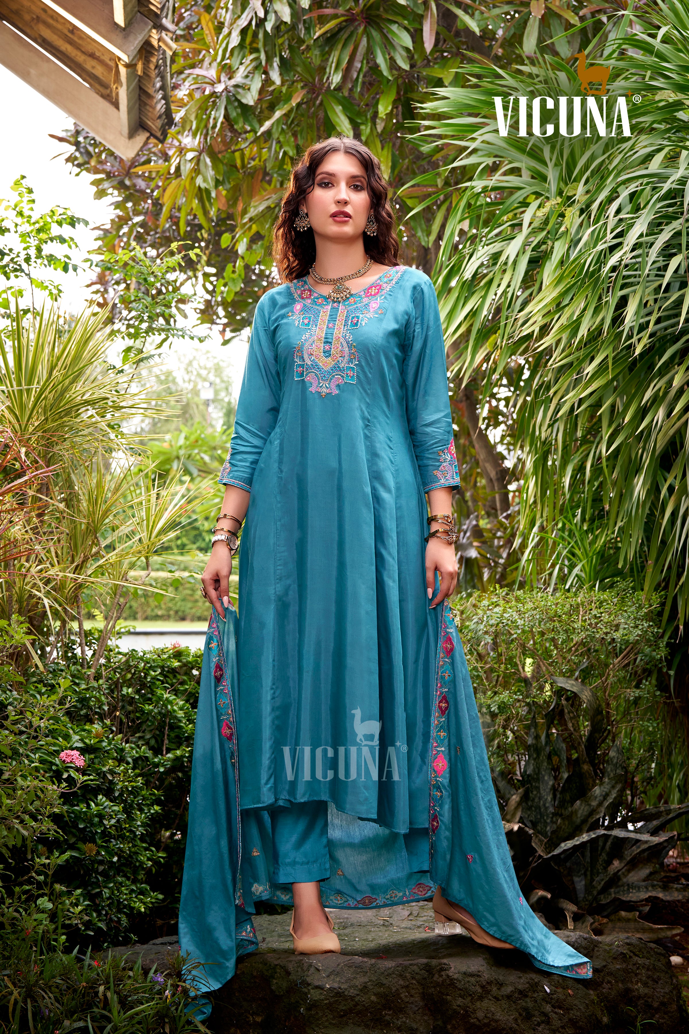 Muslin Handcrafted Suit Set with Embroidered Dupatta in Rama