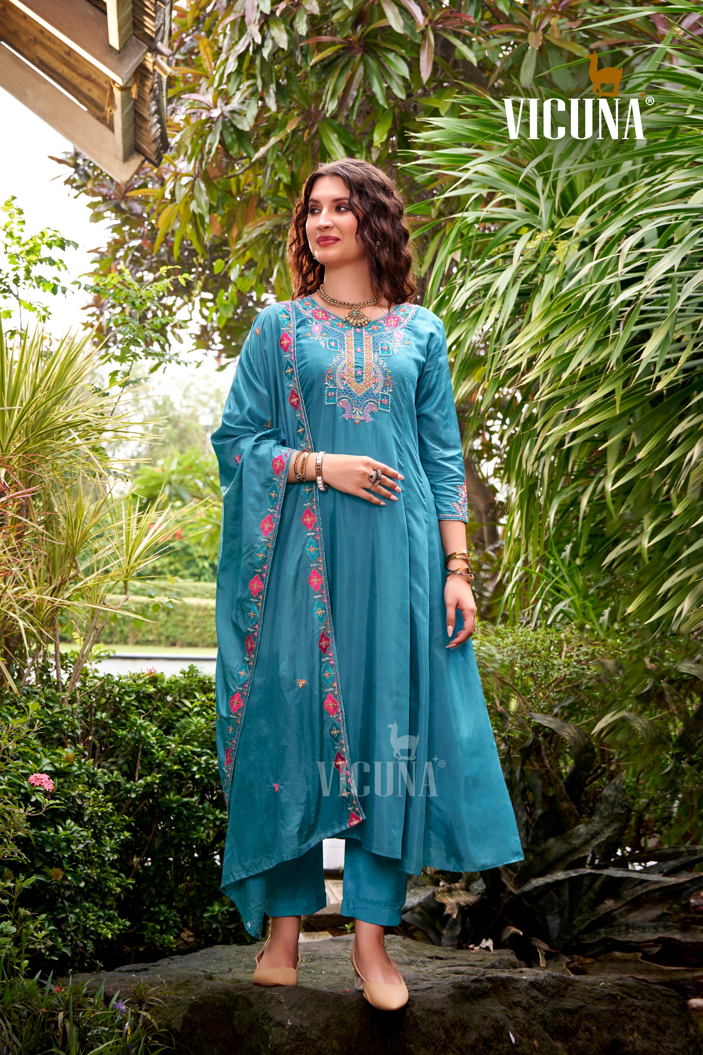 Muslin Handcrafted Suit Set with Embroidered Dupatta in Rama