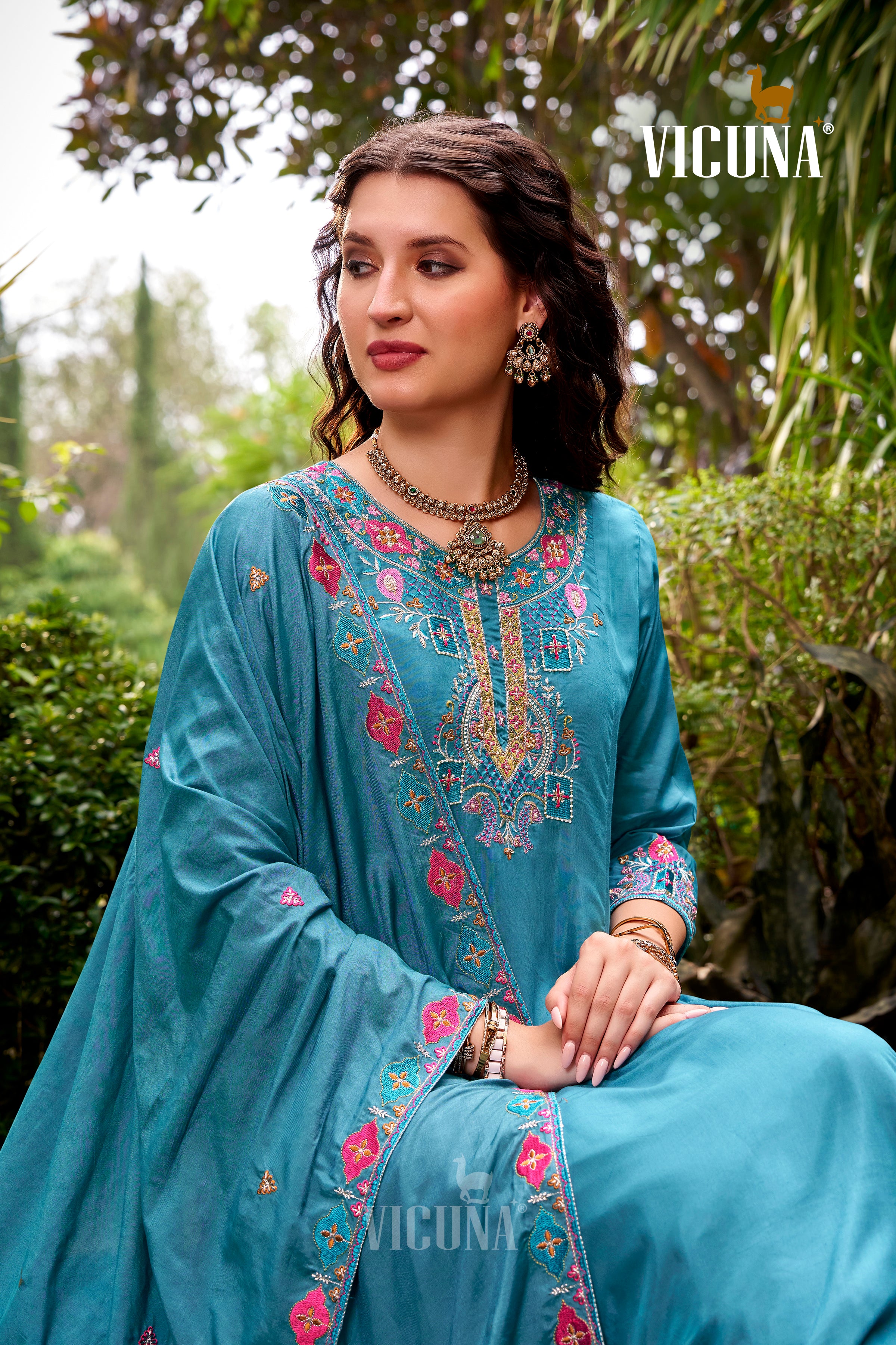 Muslin Handcrafted Suit Set with Embroidered Dupatta in Rama