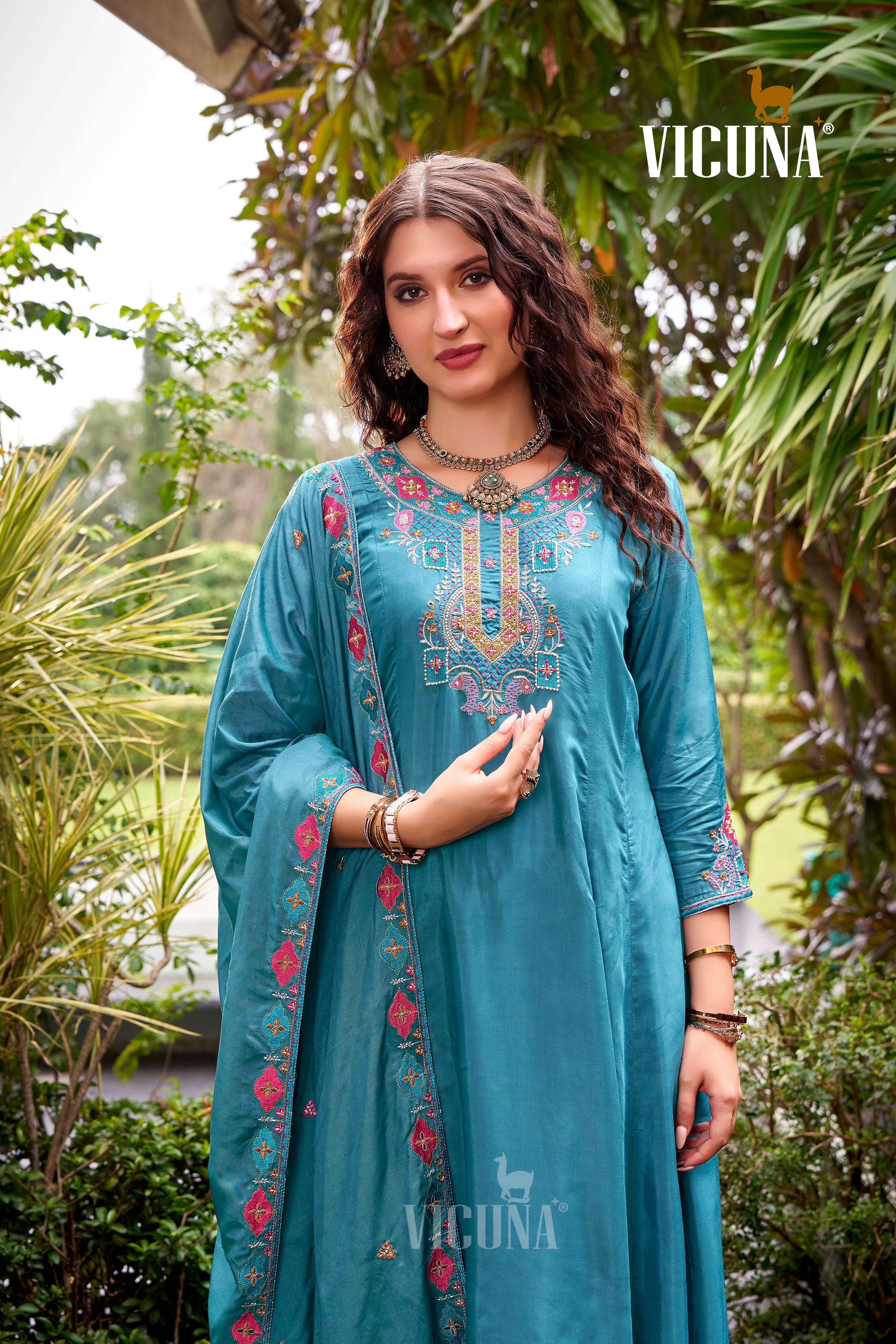 Muslin Handcrafted Suit Set with Embroidered Dupatta in Rama
