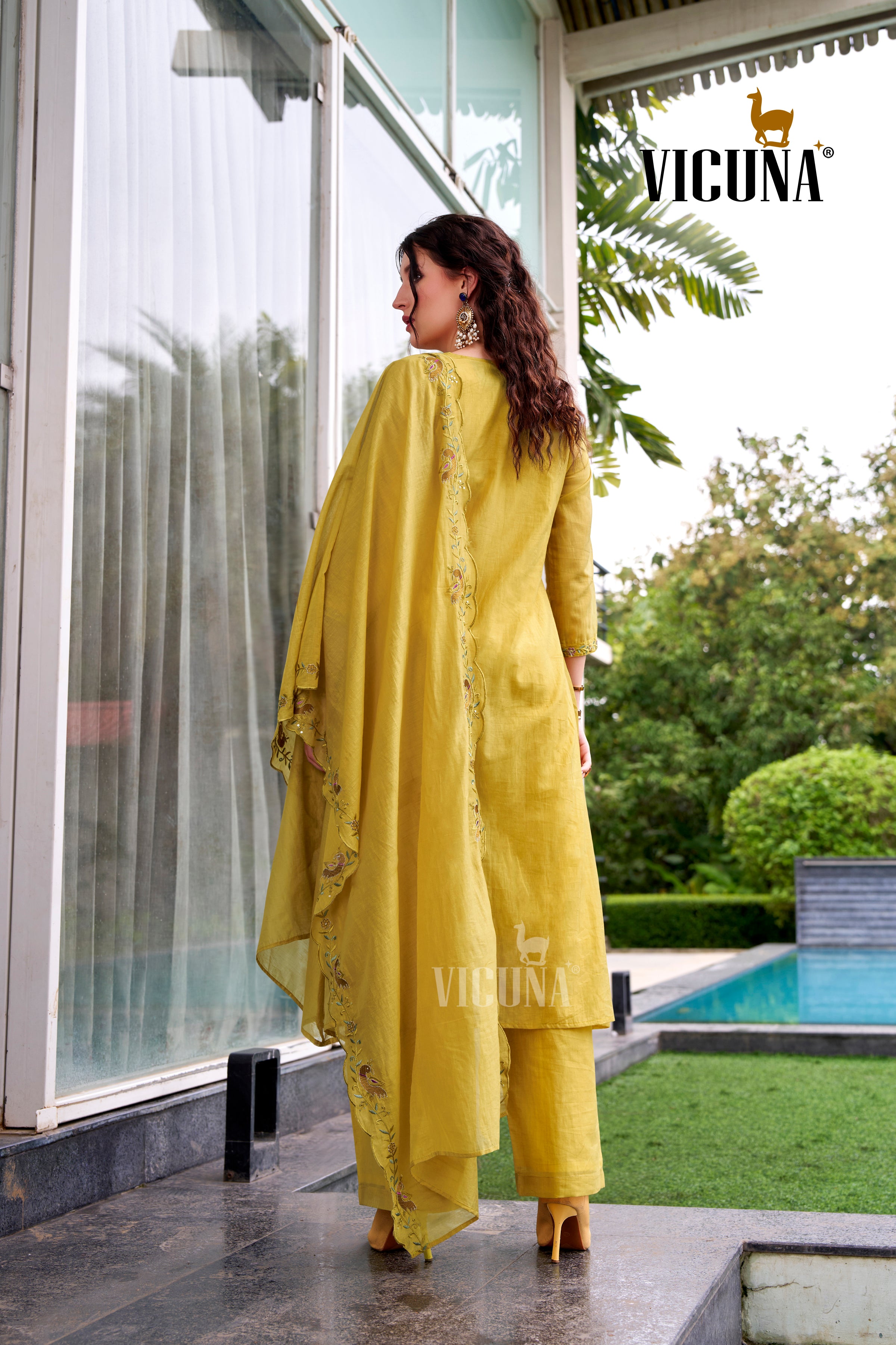 Yellow Mal Chanderi Embroidered Suit Set with Pleating Work