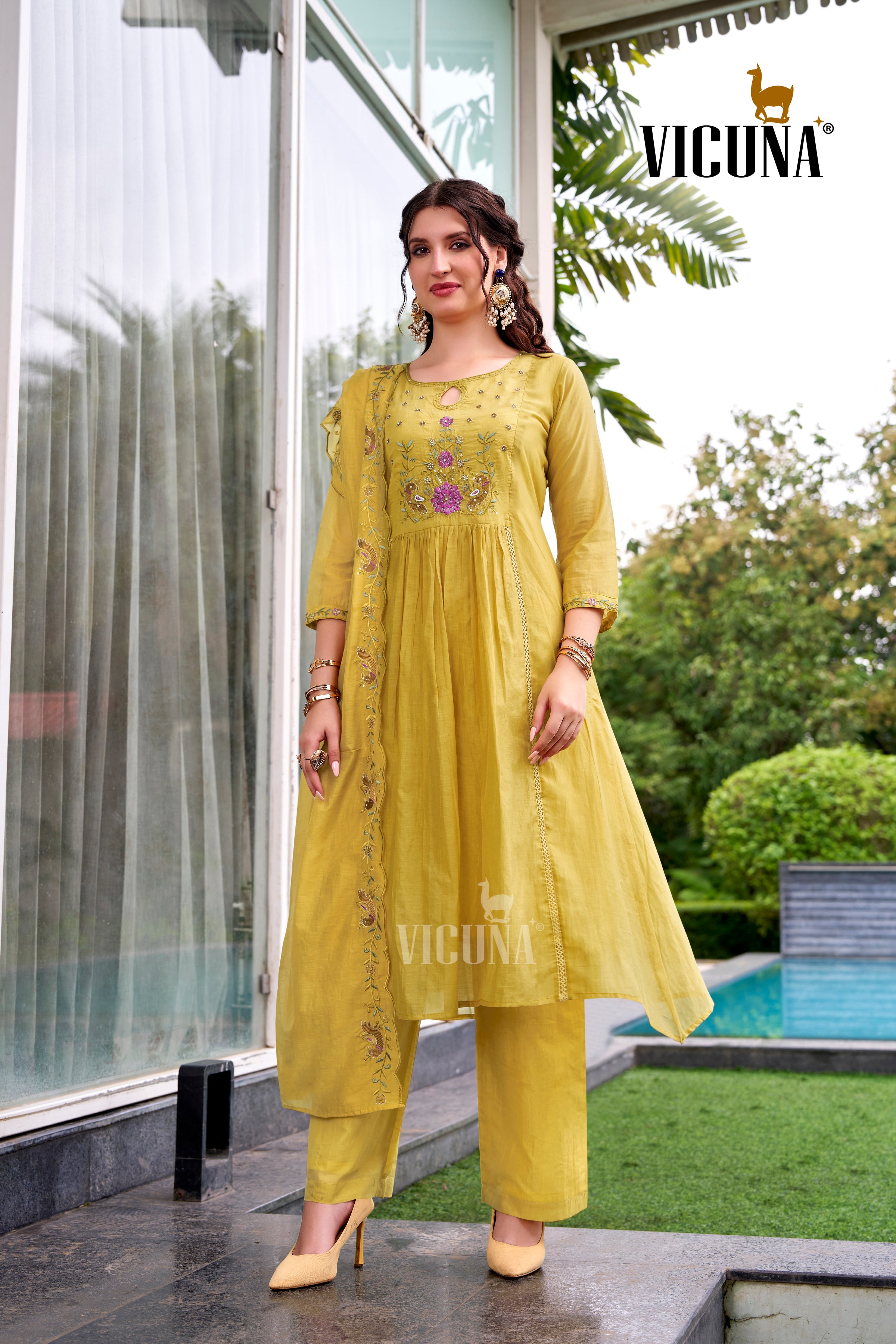 Yellow Mal Chanderi Embroidered Suit Set with Pleating Work