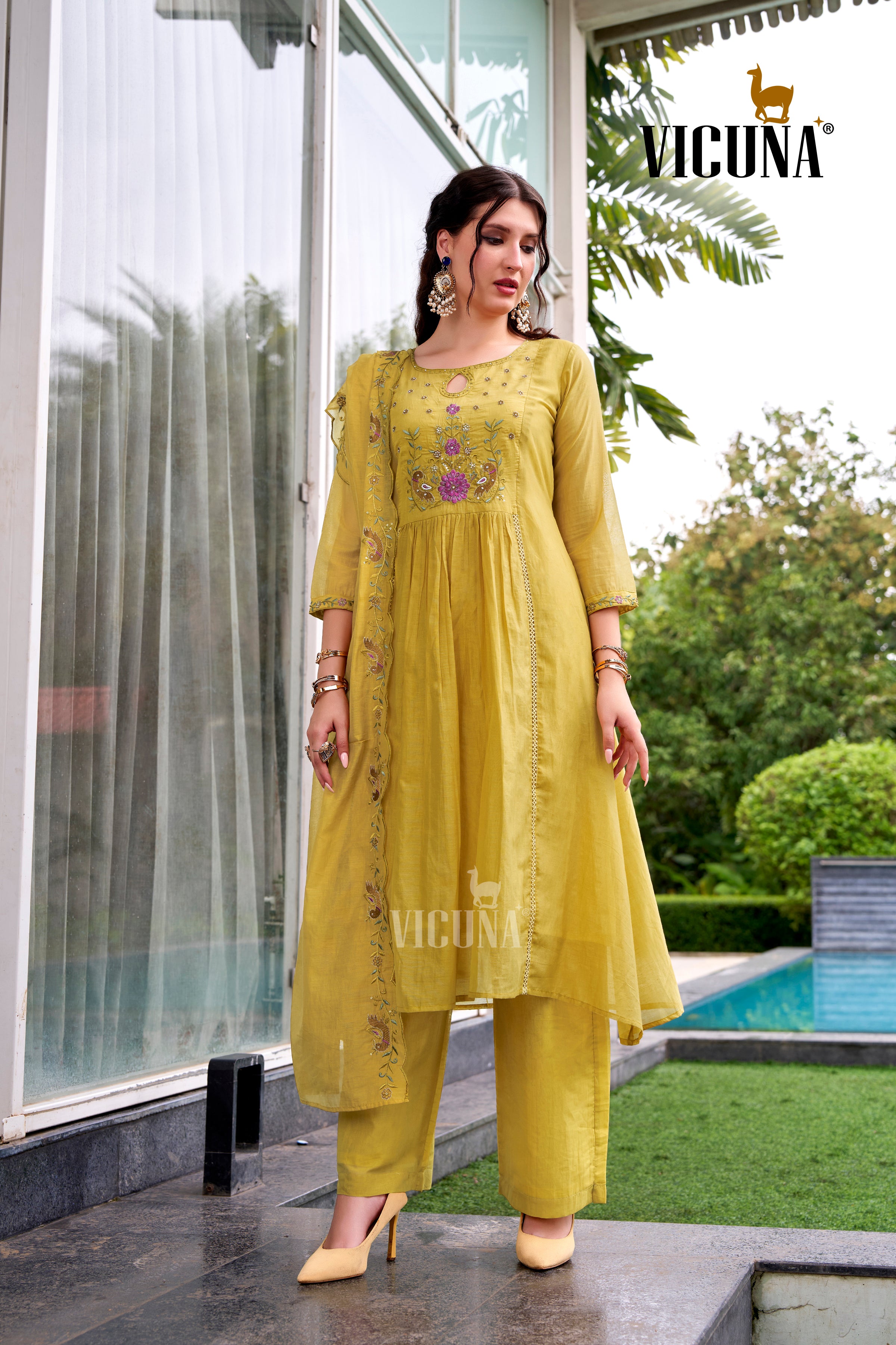 Yellow Mal Chanderi Embroidered Suit Set with Pleating Work