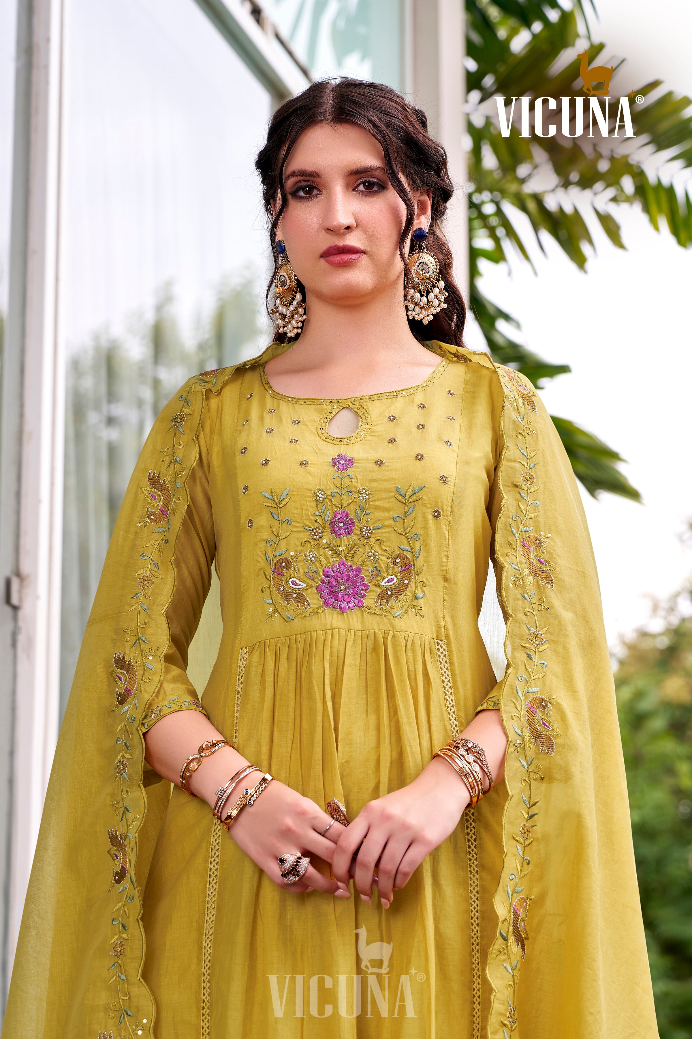 Yellow Mal Chanderi Embroidered Suit Set with Pleating Work