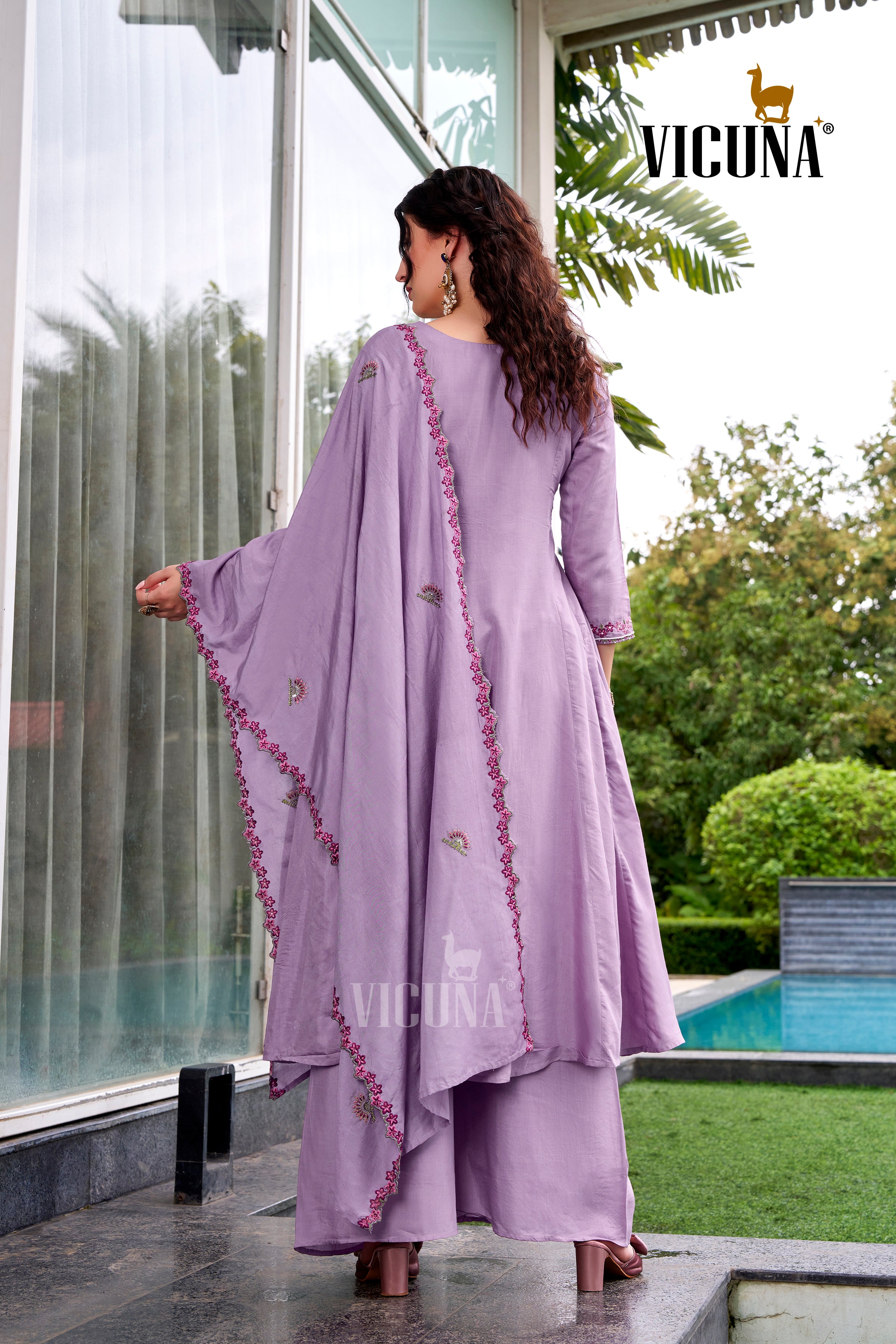 Muslin Handcrafted Suit Set with Embroidered Dupatta in Purple