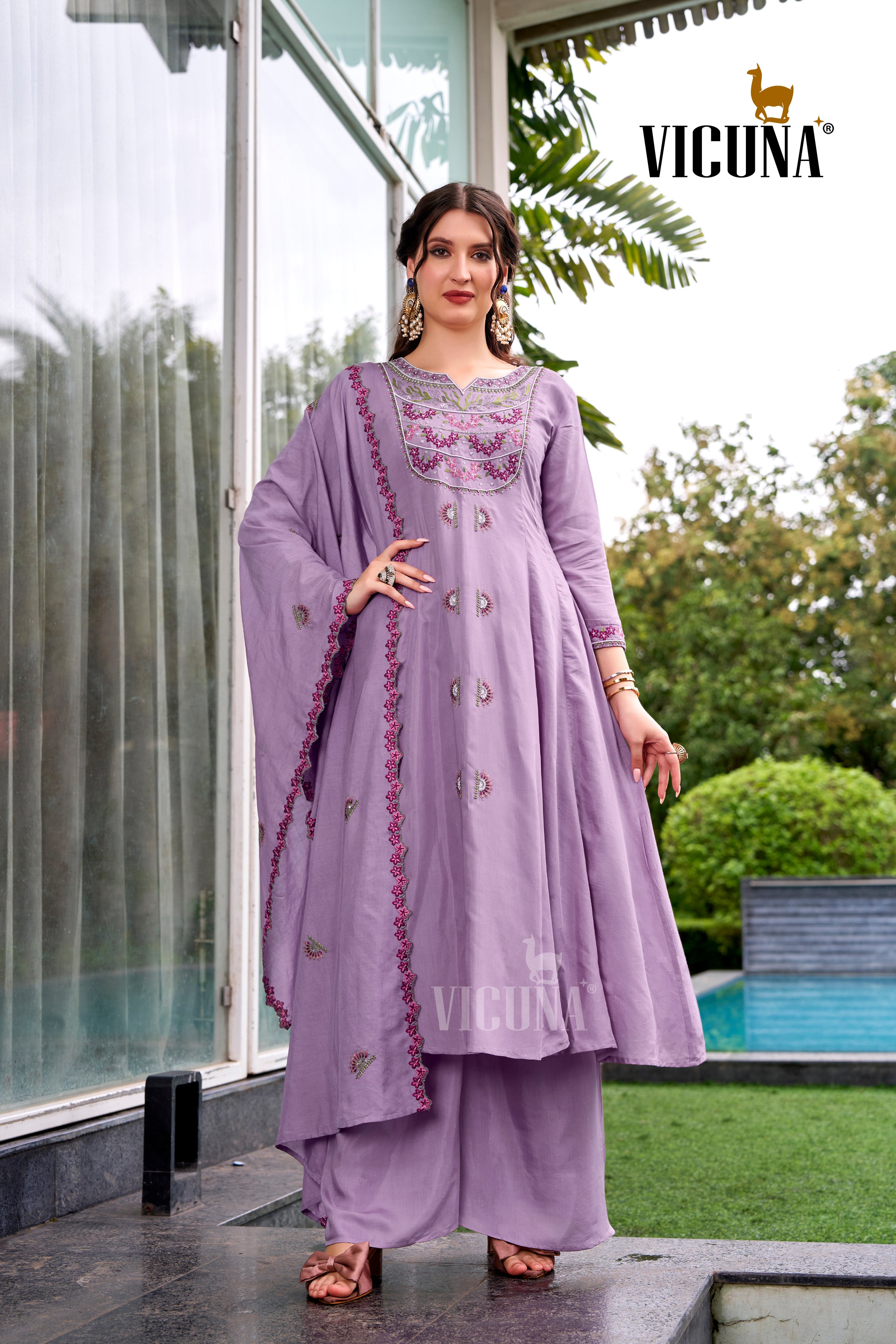 Muslin Handcrafted Suit Set with Embroidered Dupatta in Purple