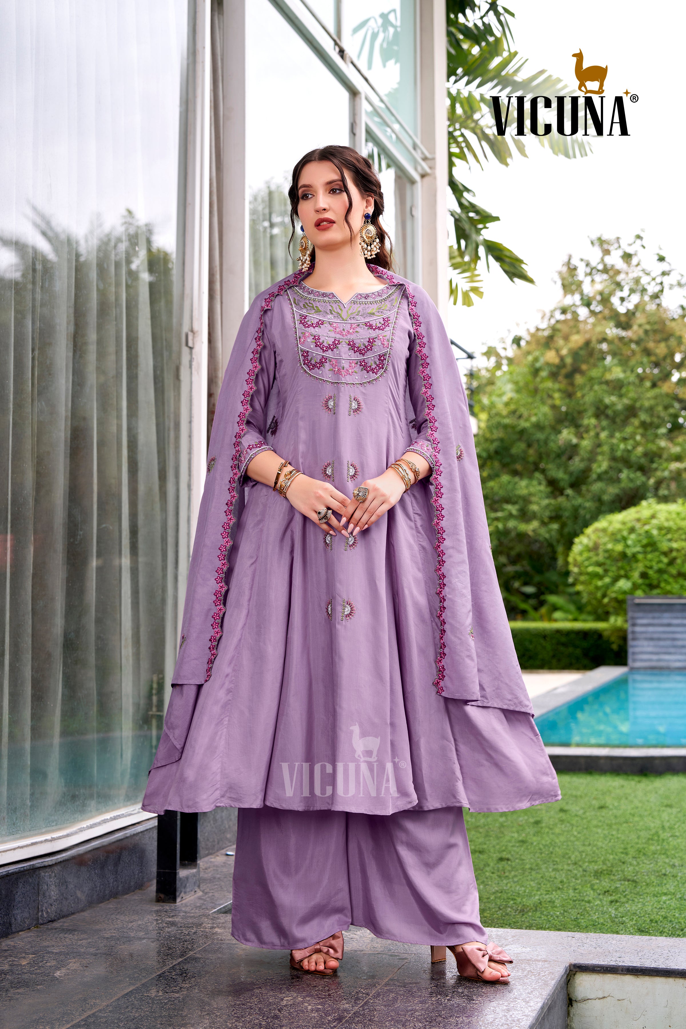 Muslin Handcrafted Suit Set with Embroidered Dupatta in Purple