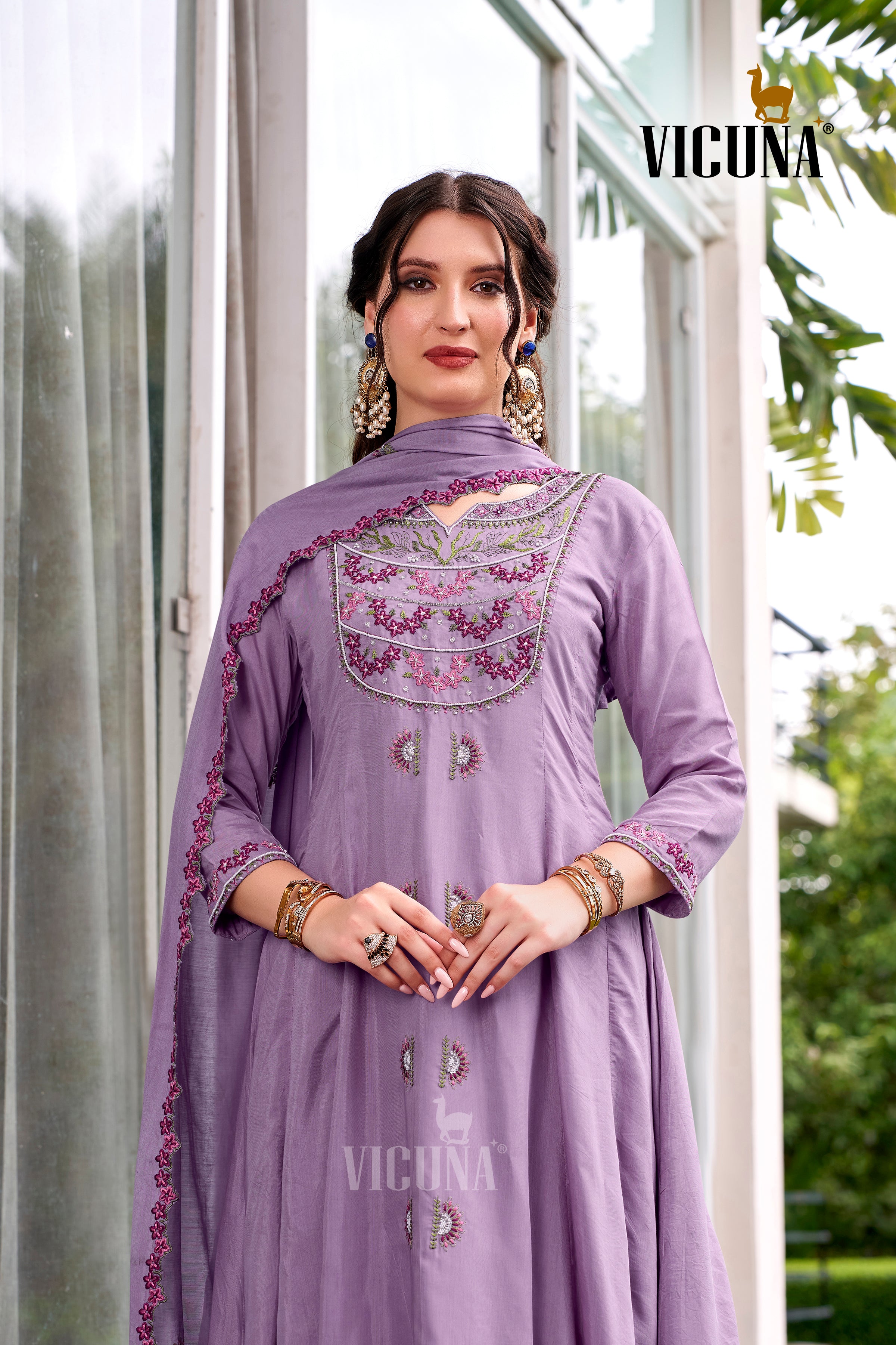 Muslin Handcrafted Suit Set with Embroidered Dupatta in Purple