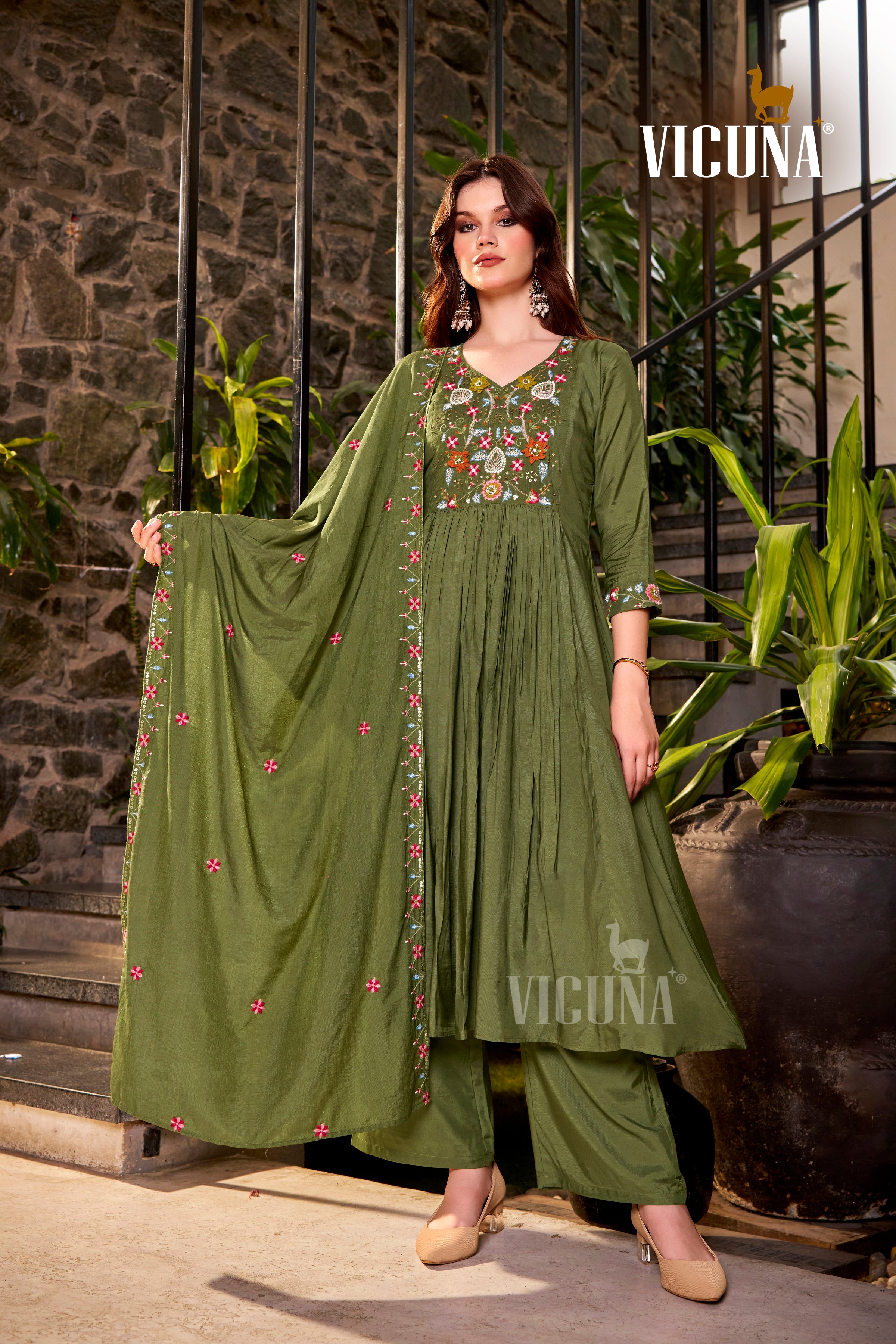 Muslin Embroidered Suit Set with Embroidered Dupatta in Purple & Mehndi