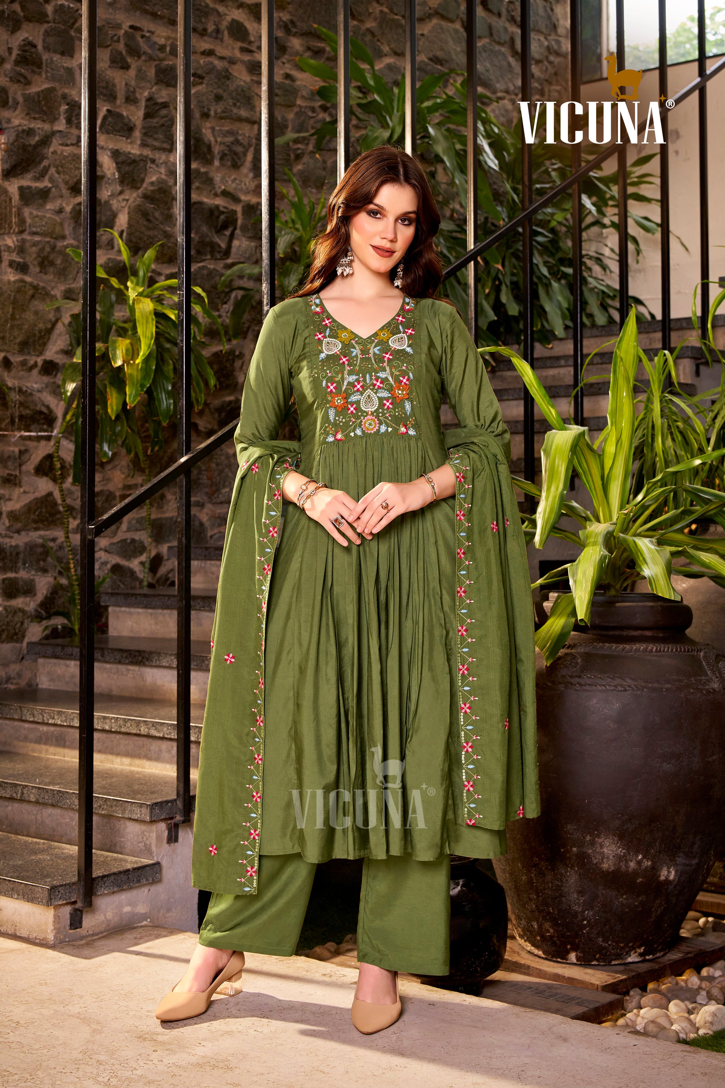 Muslin Embroidered Suit Set with Embroidered Dupatta in Purple & Mehndi