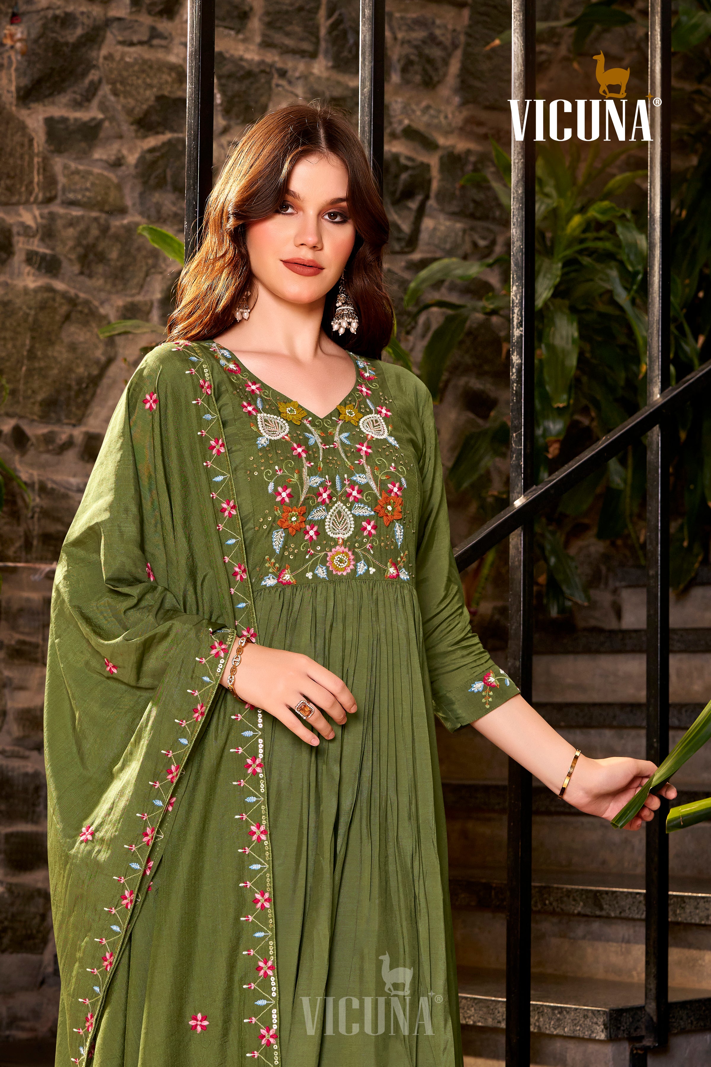Muslin Embroidered Suit Set with Embroidered Dupatta in Purple & Mehndi