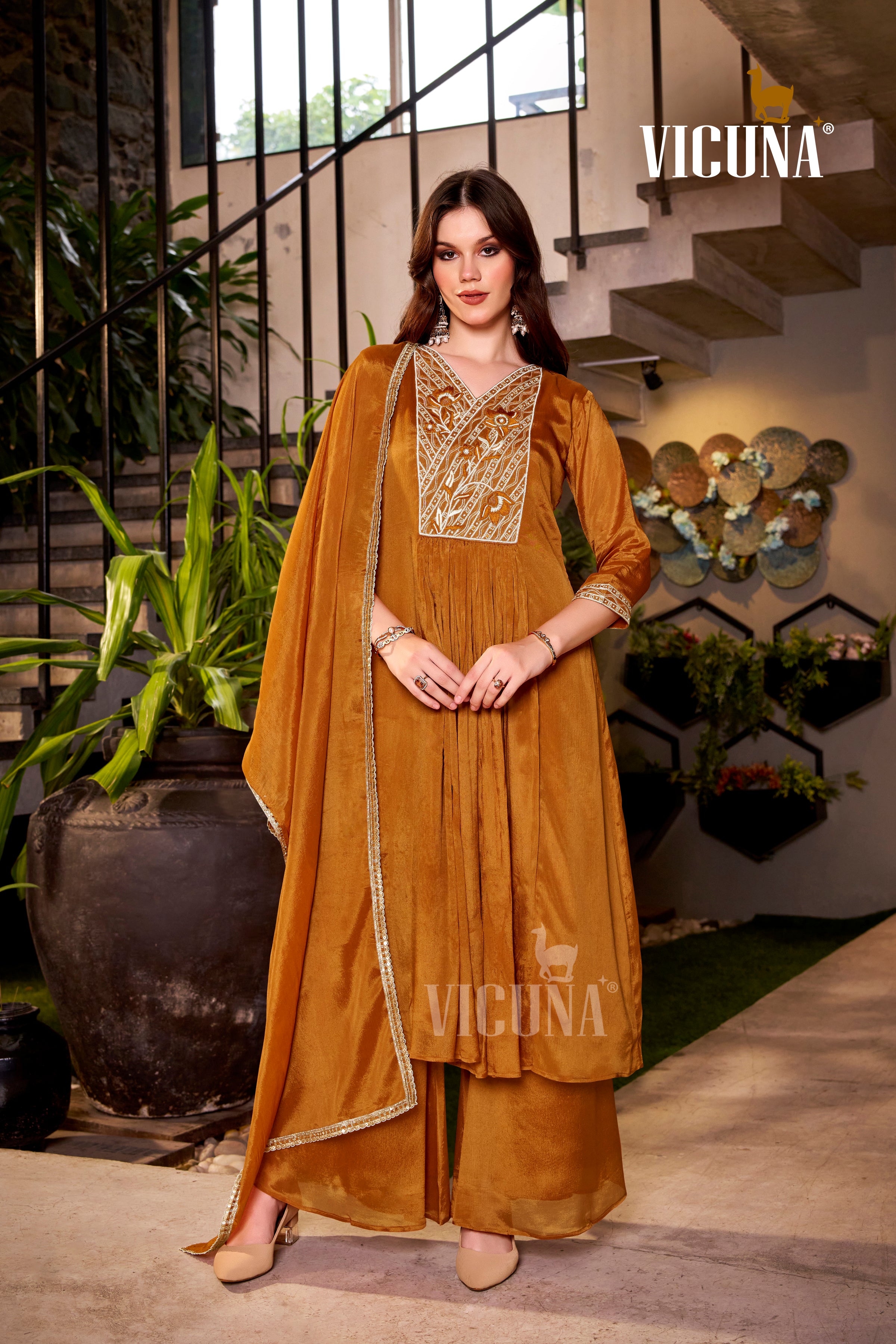Rust Chinon Handcrafted Suit Set with Lace-Trimmed Dupatta