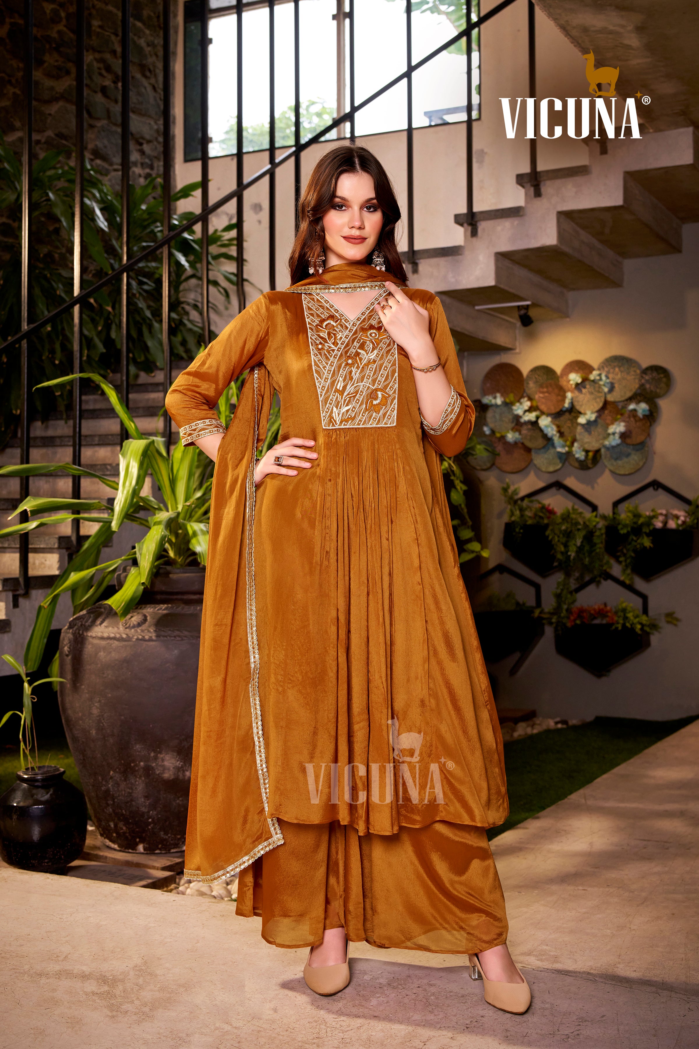 Rust Chinon Handcrafted Suit Set with Lace-Trimmed Dupatta