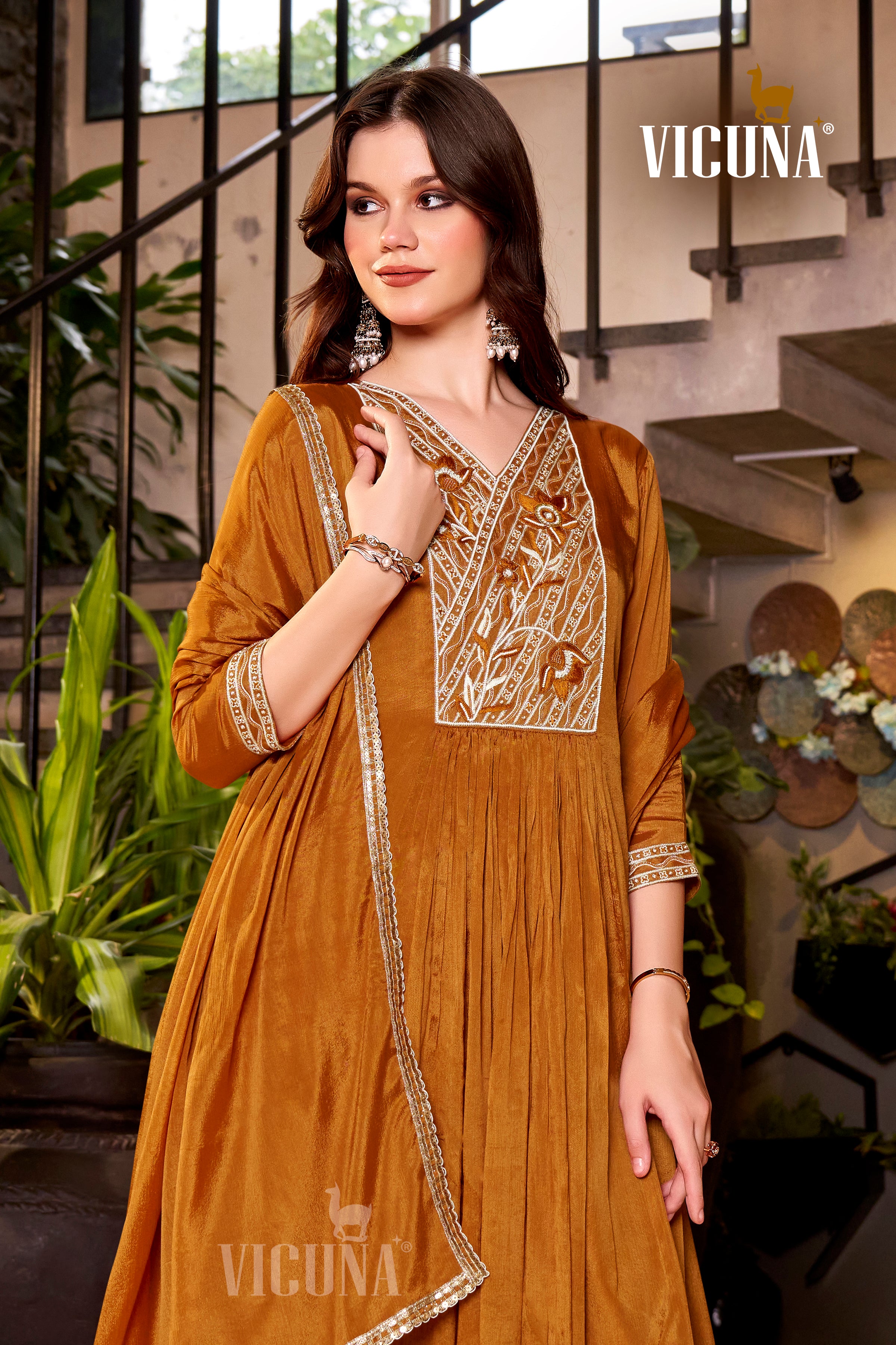Rust Chinon Handcrafted Suit Set with Lace-Trimmed Dupatta