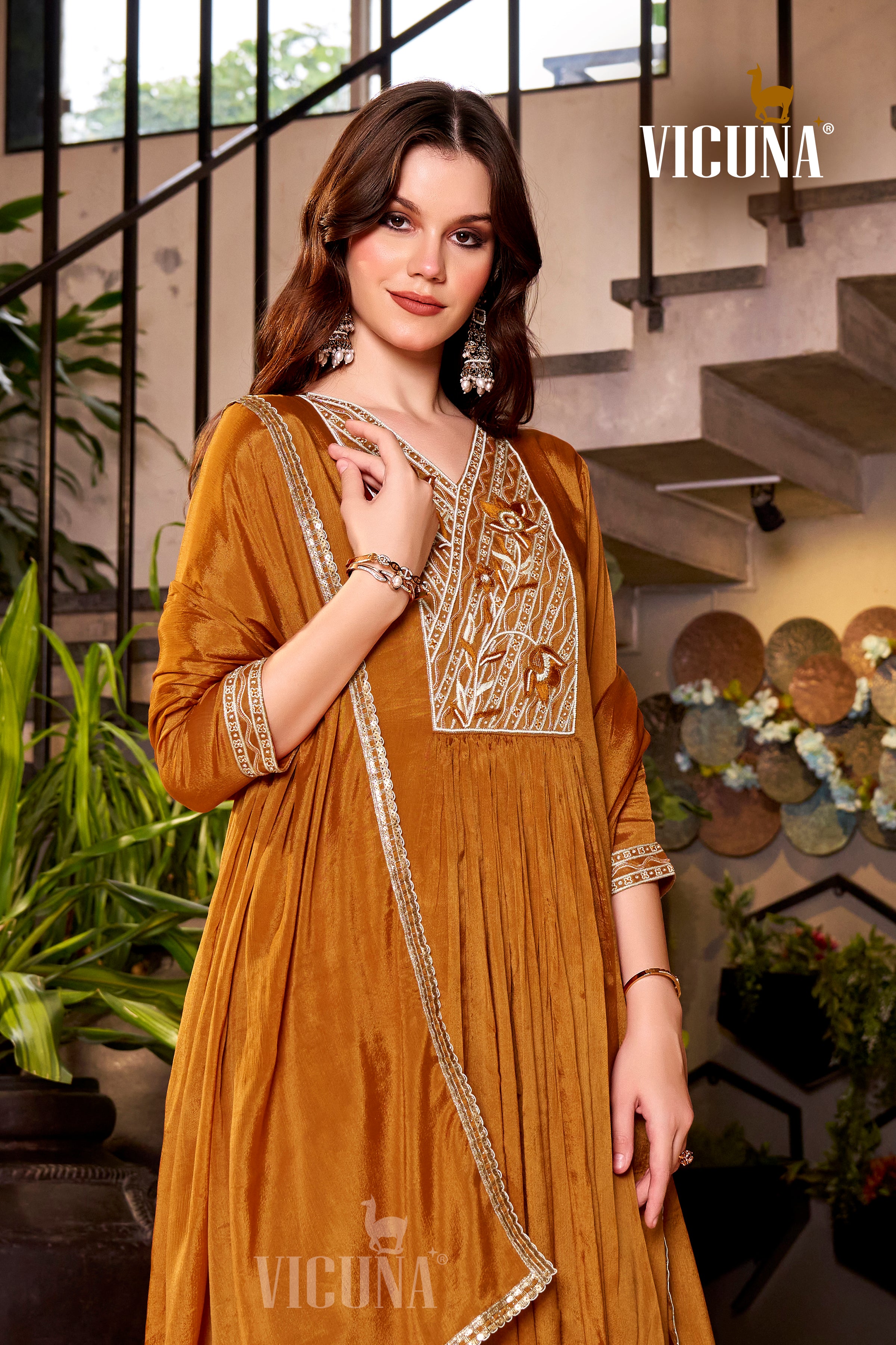 Rust Chinon Handcrafted Suit Set with Lace-Trimmed Dupatta