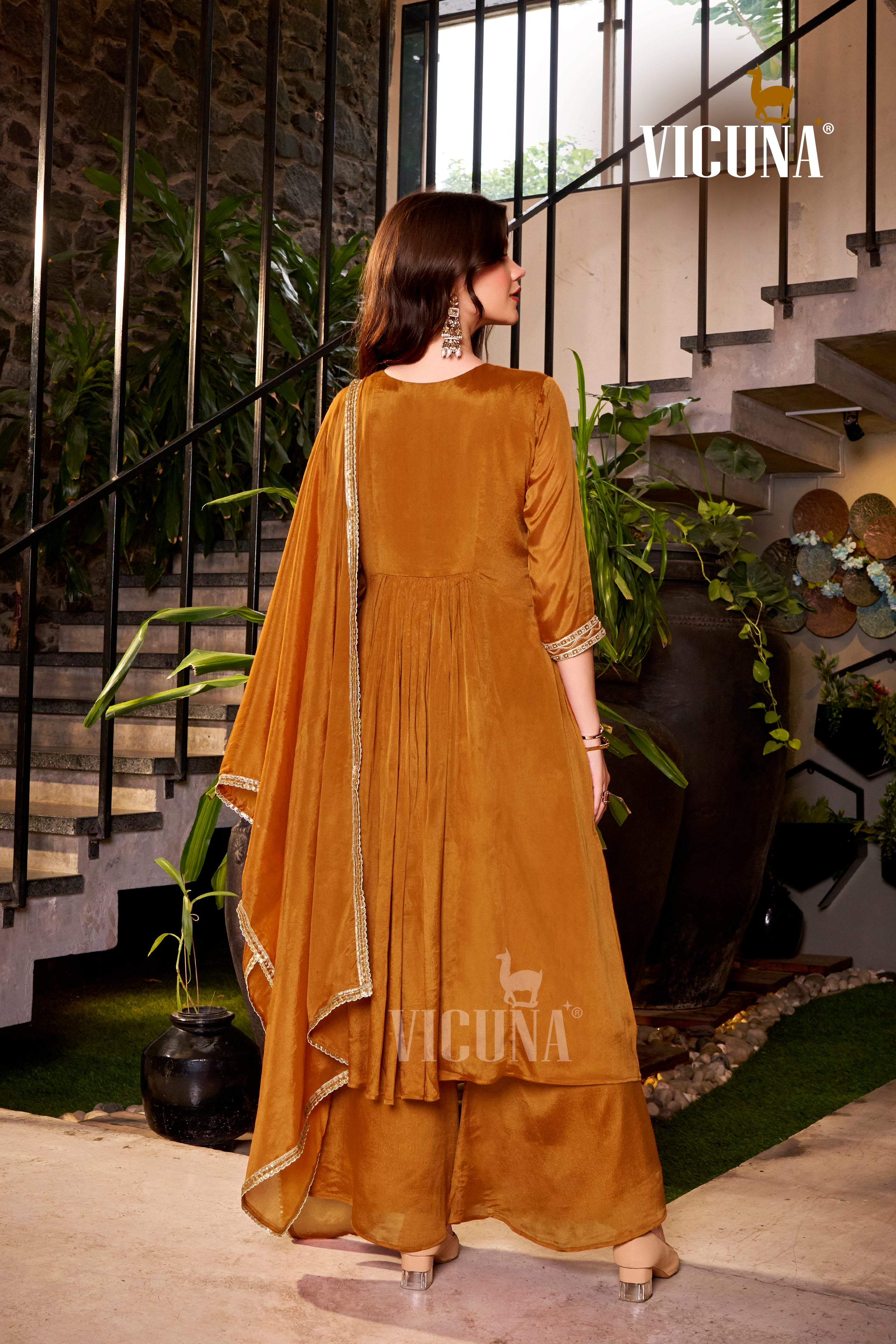 Rust Chinon Handcrafted Suit Set with Lace-Trimmed Dupatta
