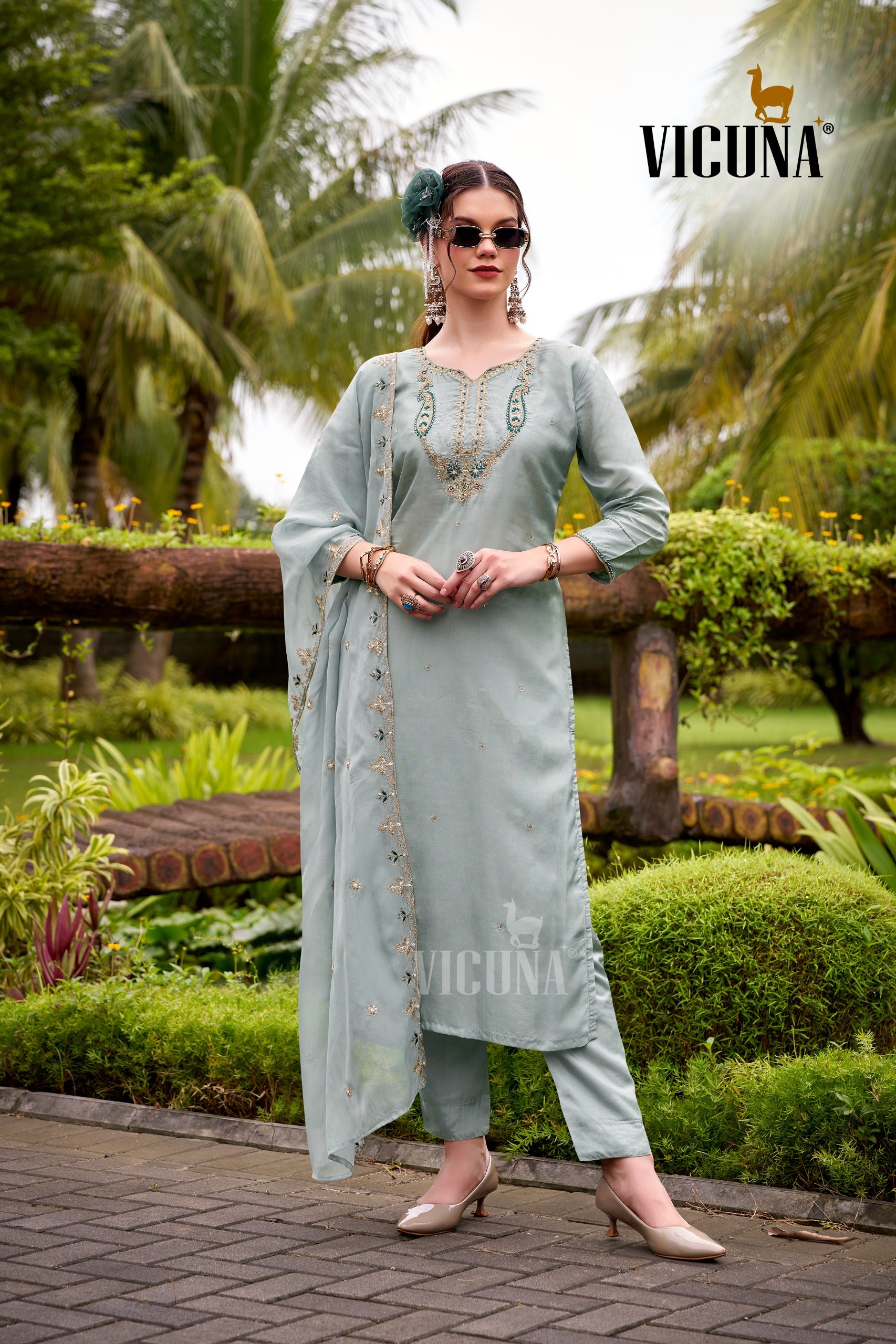 Viscose Upada Handcrafted Suit Set with Organza Dupatta in