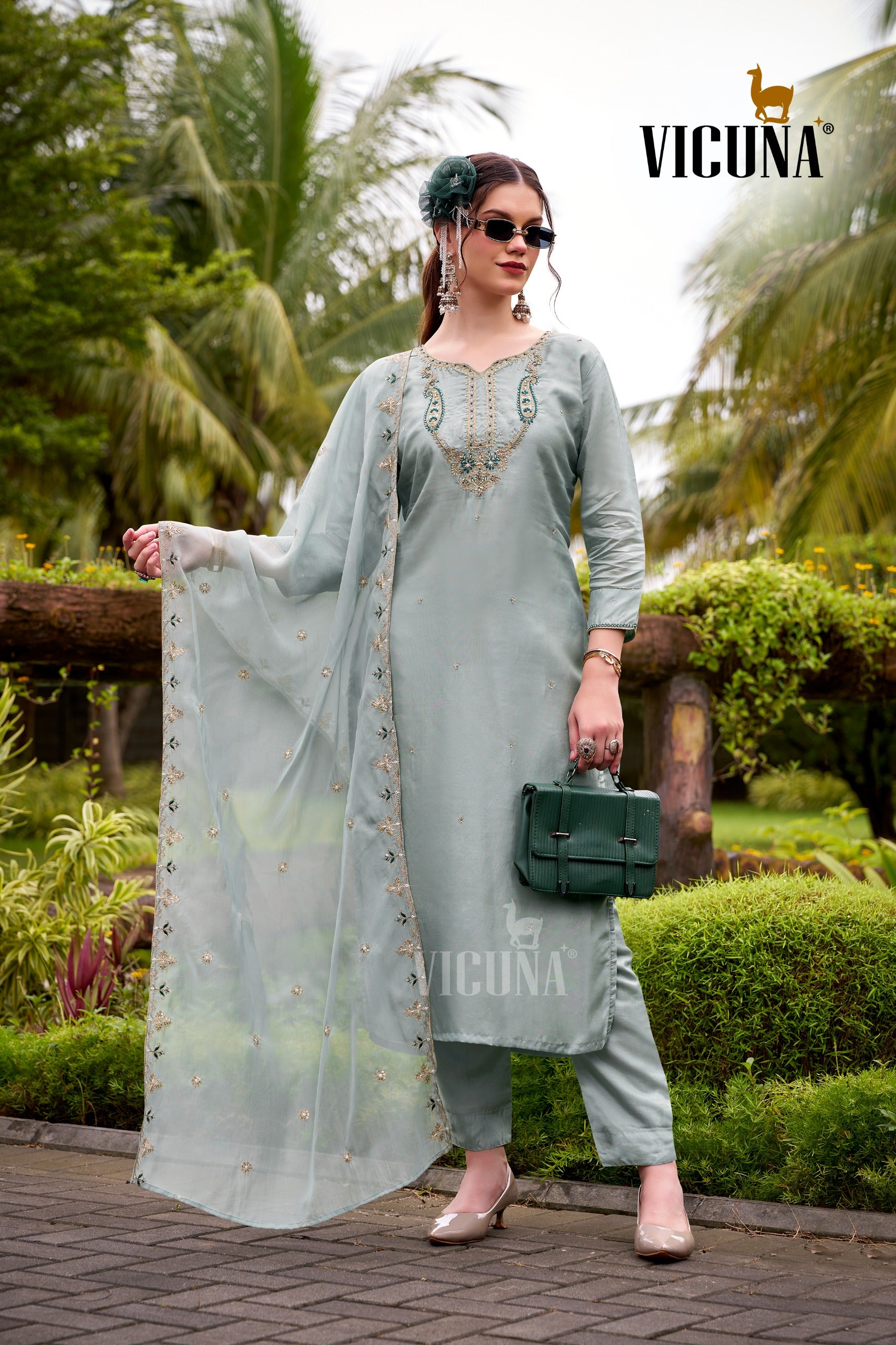 Viscose Upada Handcrafted Suit Set with Organza Dupatta in