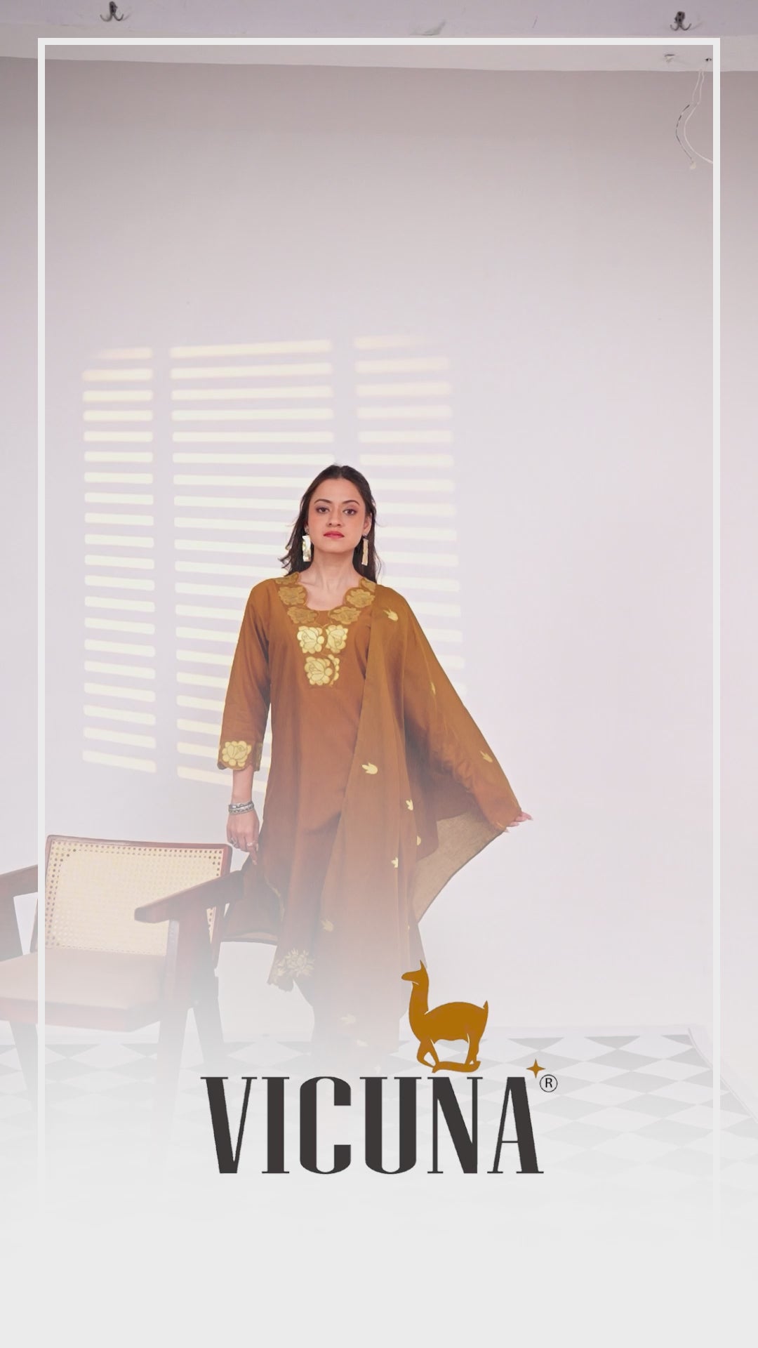Pure Cotton Embroidered Suit Set in Rust, Mustard & Gray
