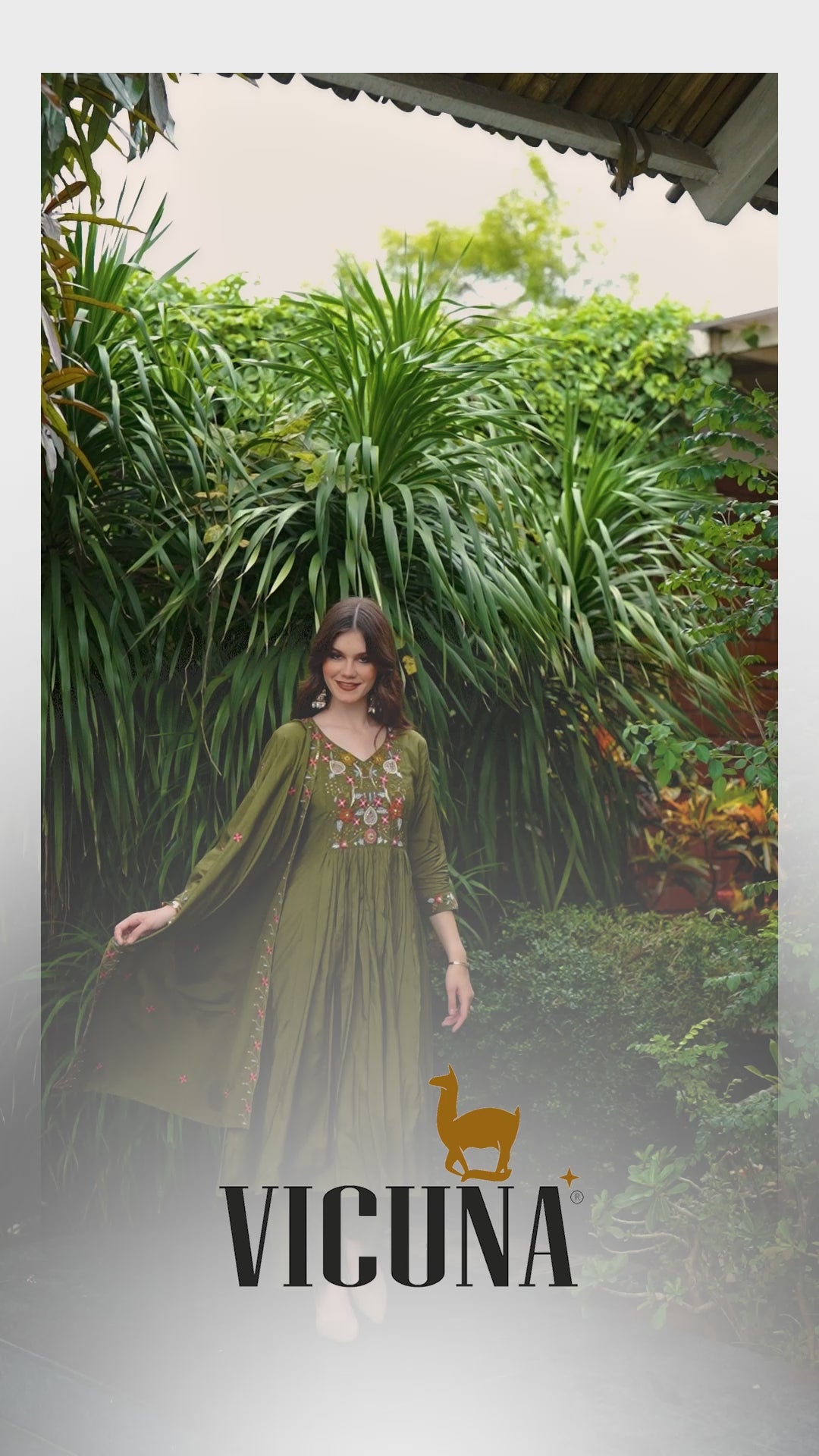 Muslin Embroidered Suit Set with Embroidered Dupatta in Purple & Mehndi