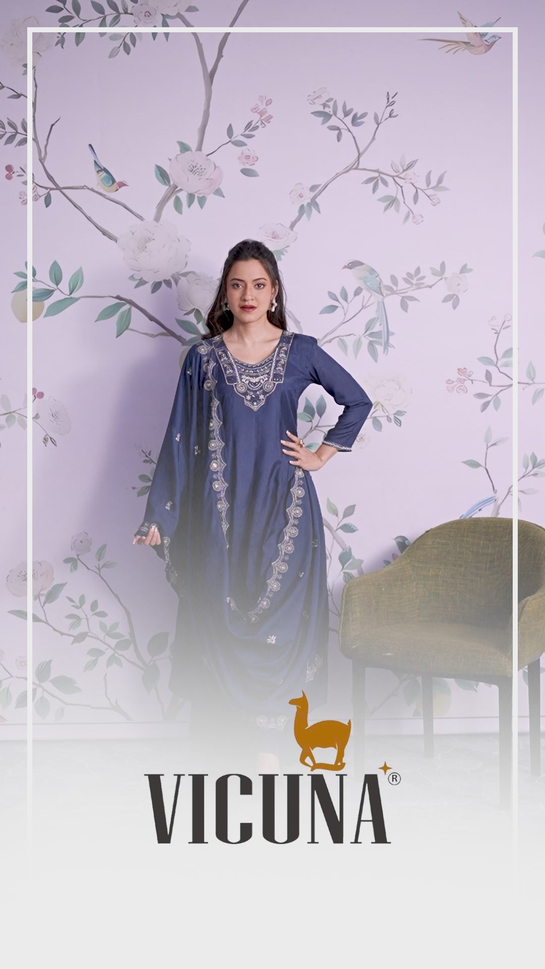 Navy Blue Muslin Handcrafted Suit Set with Embroidered Dupatta