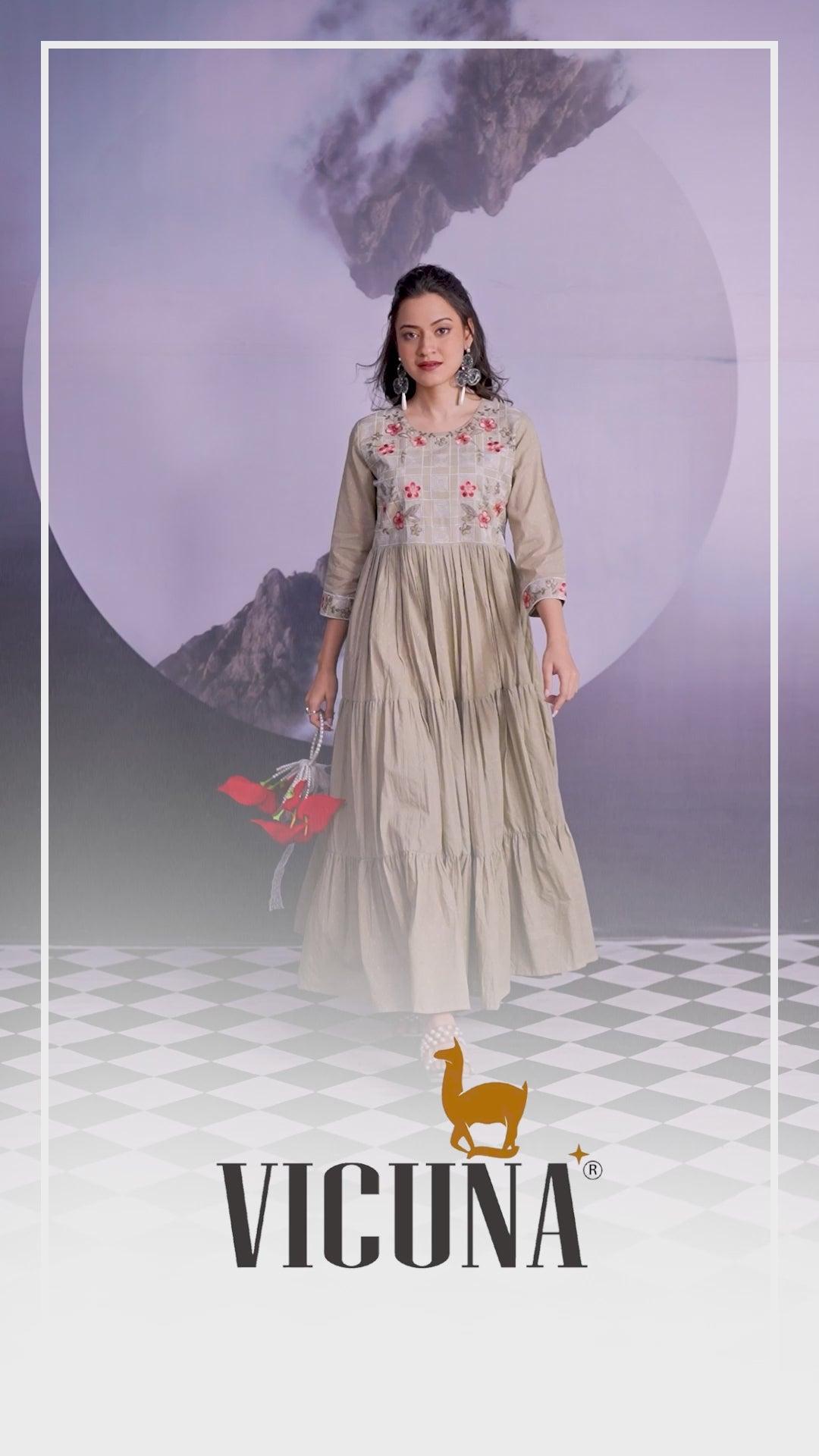 Pure Cotton Embroidered Gown in Gray & Cream