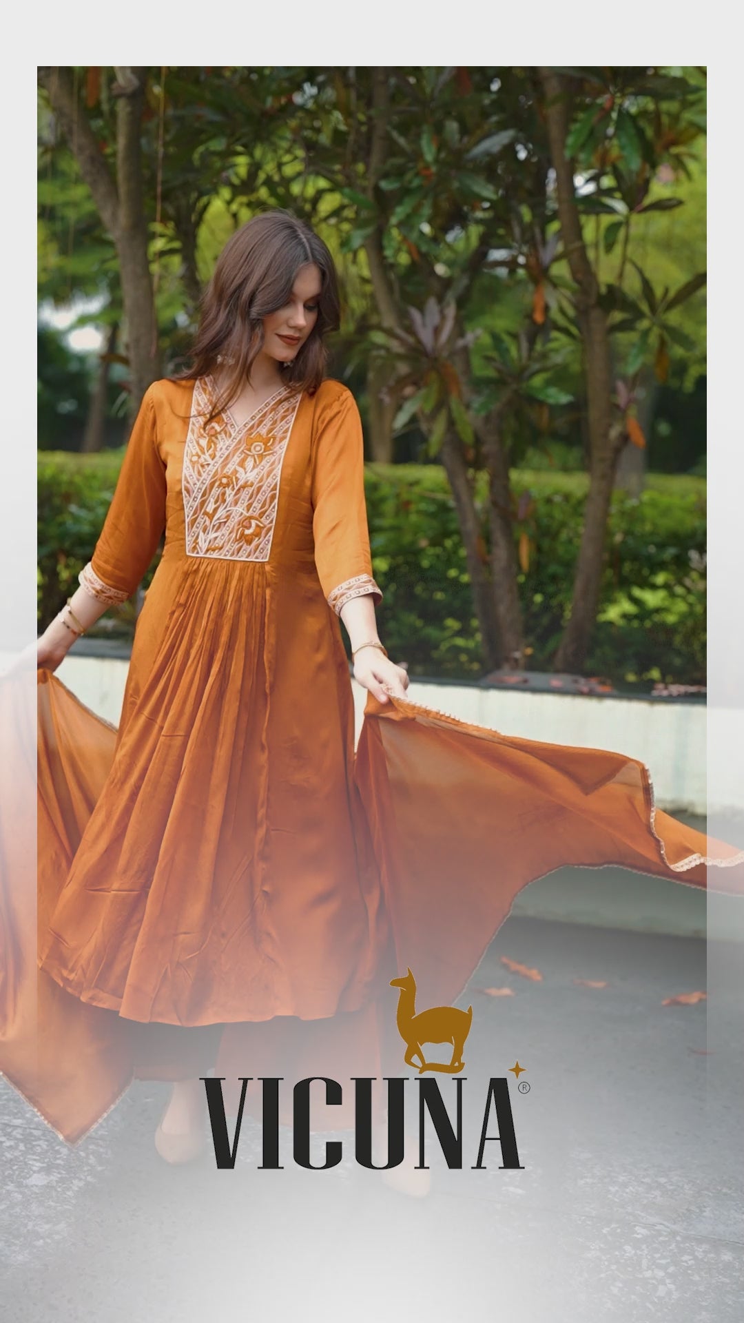 Rust Chinon Handcrafted Suit Set with Lace-Trimmed Dupatta