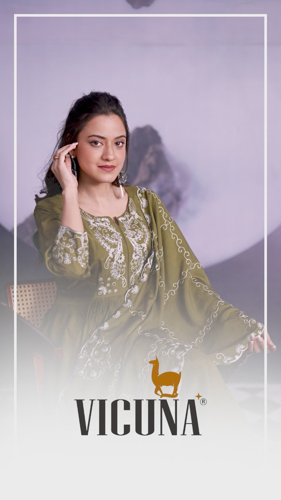 Mehndi Muslin Embroidered Suit Set with Embroidered Dupatta