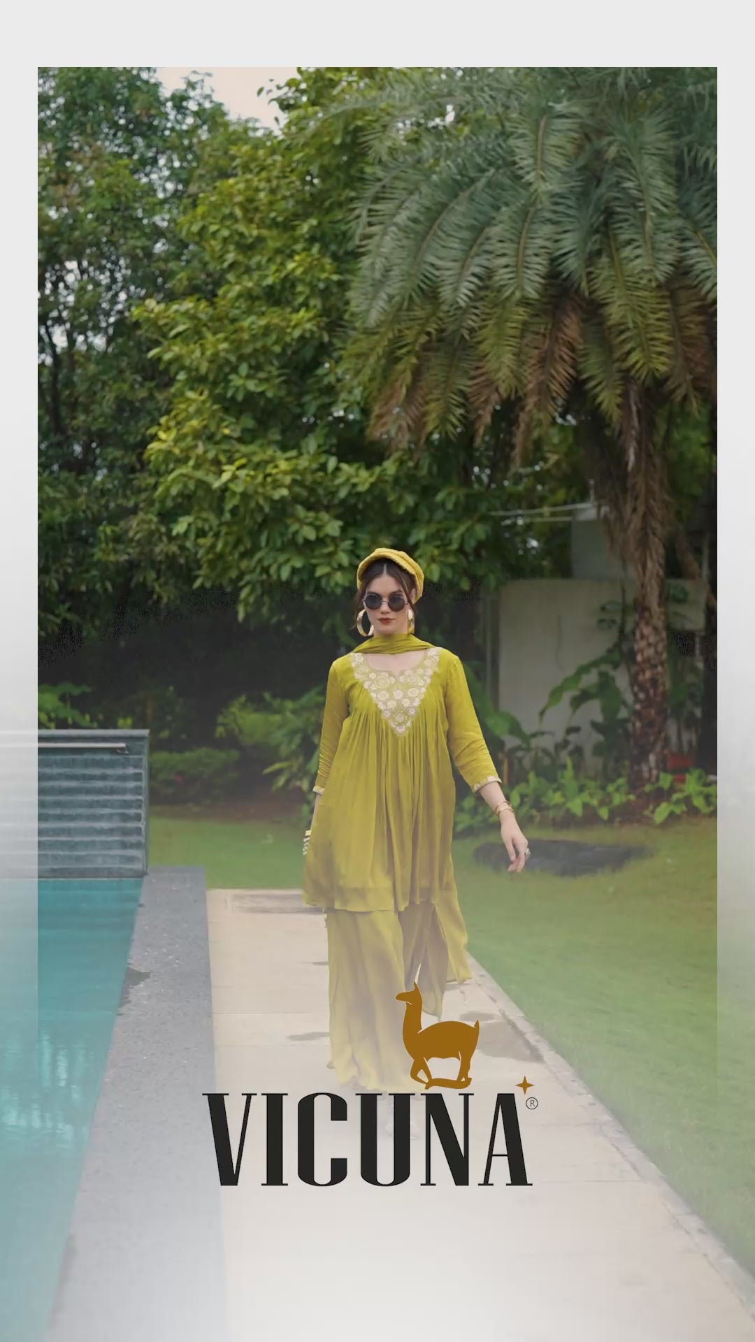 Chinon Embroidered Short Kurta Set in Lemon & Coffee