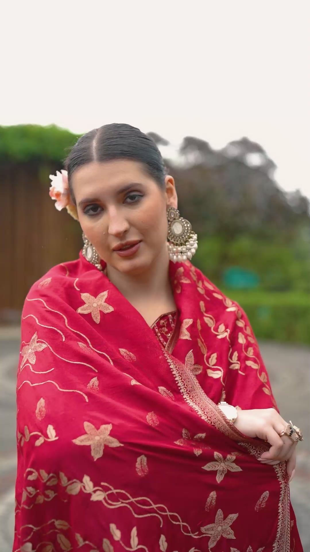 Natural Crep Embroidered Suit Set with Jacquard Dupatta in Rama & Rani