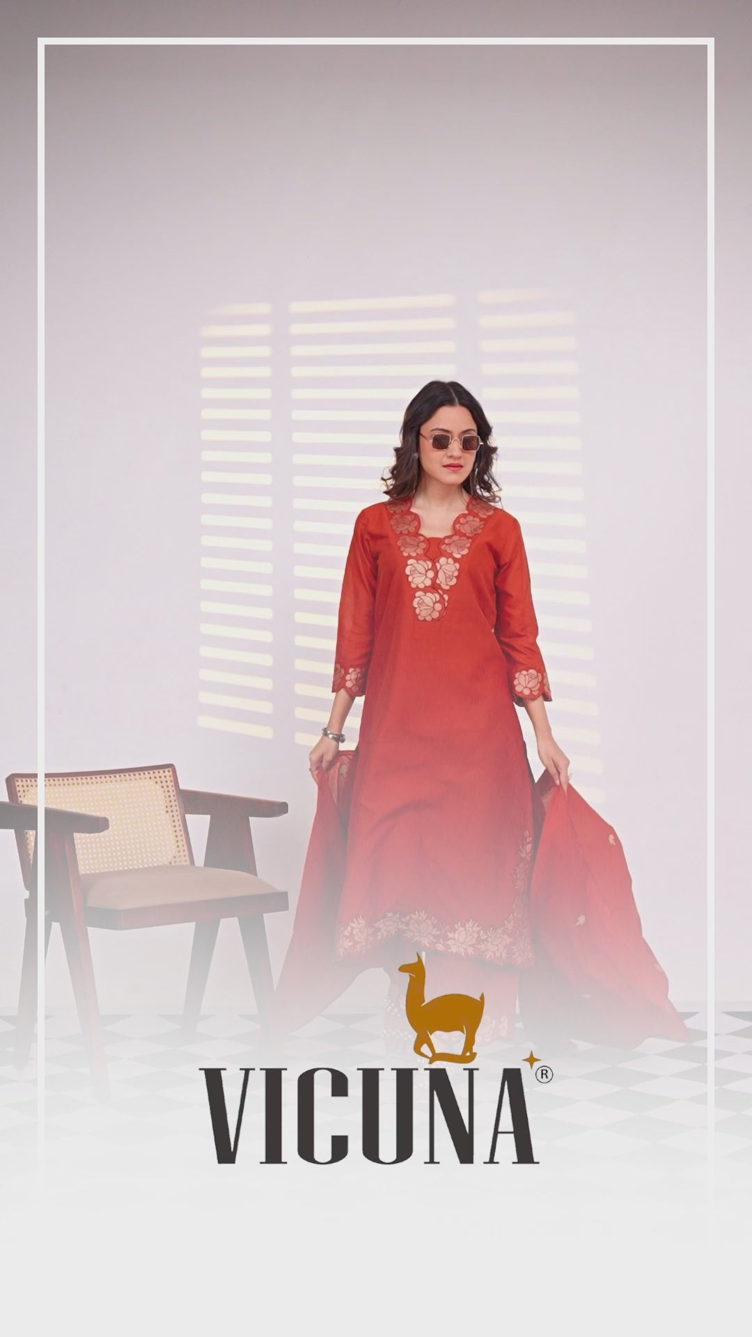 Pure Cotton Embroidered Suit Set in Rust, Mustard & Gray