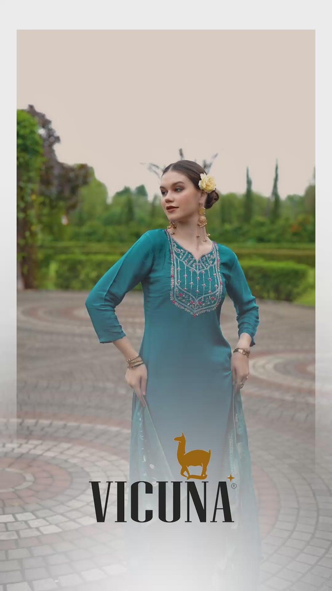 Natural Crep Embroidered Suit Set with Jacquard Dupatta in Rama & Rani