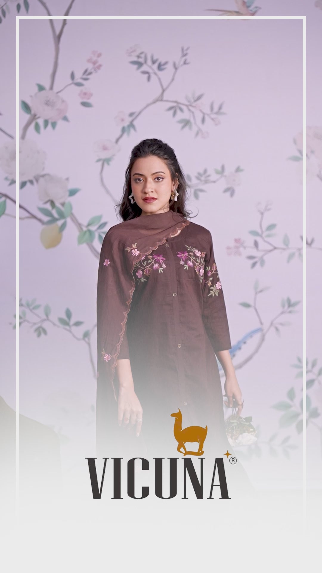 Coffee Pure Cotton A-Line Embroidered Suit Set